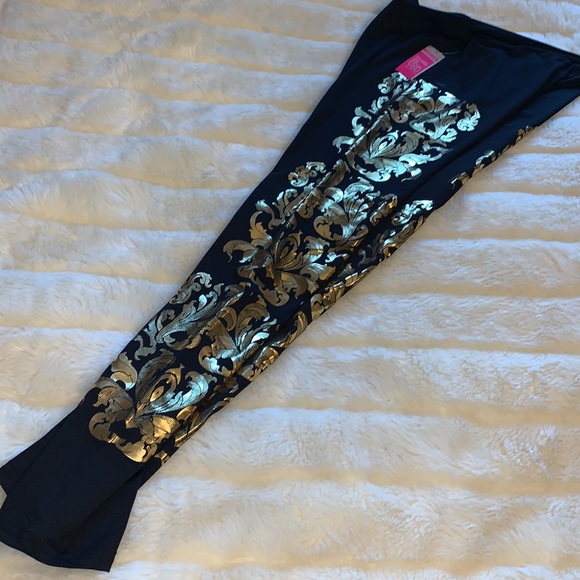 Y2k gold metallic foil filigree black leggings skinny pants M - Picture 5 of 13